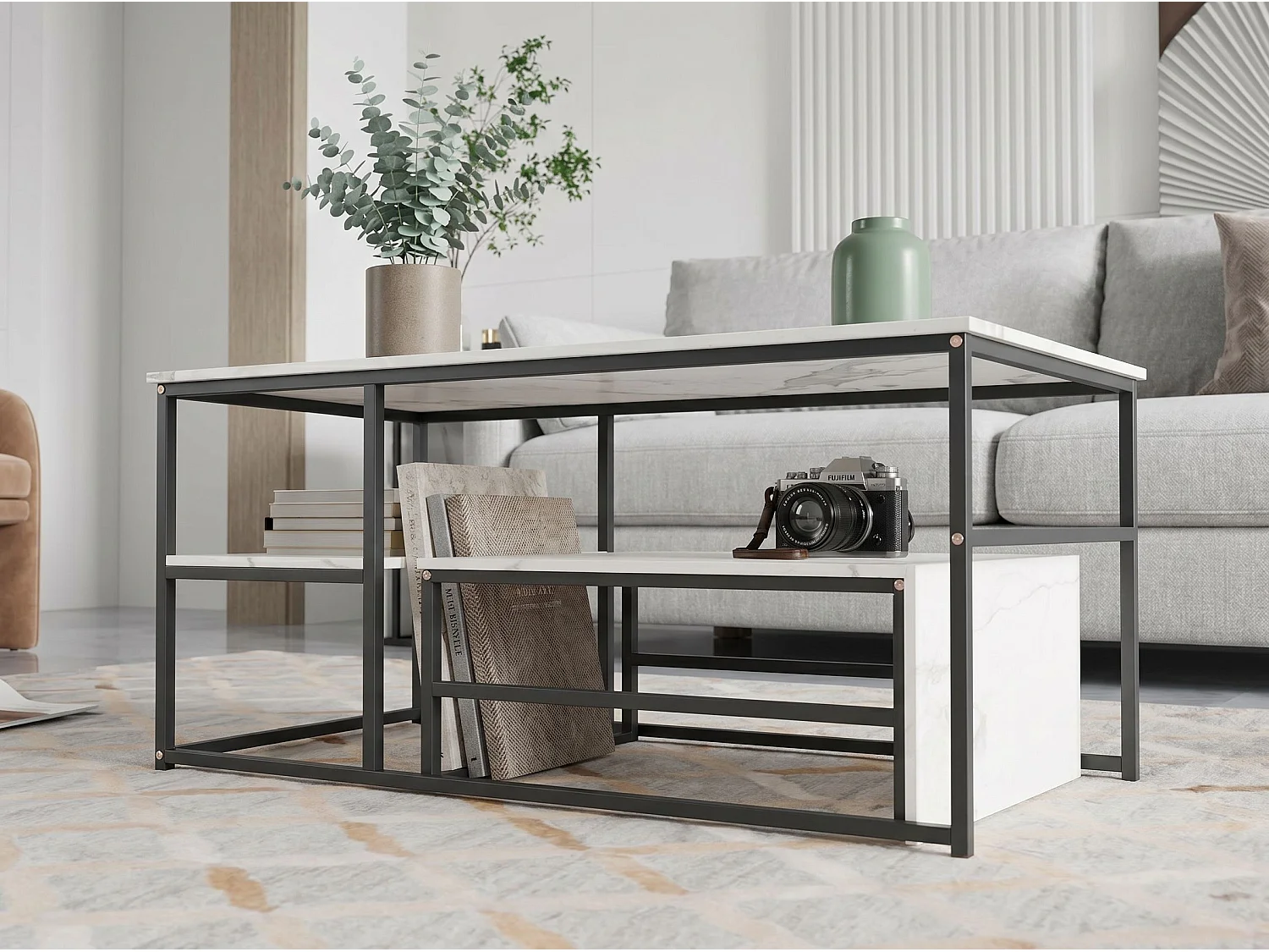Table basse avec étagères de rangement, meuble salon style industriel bois et métal, table basse moderne blanc