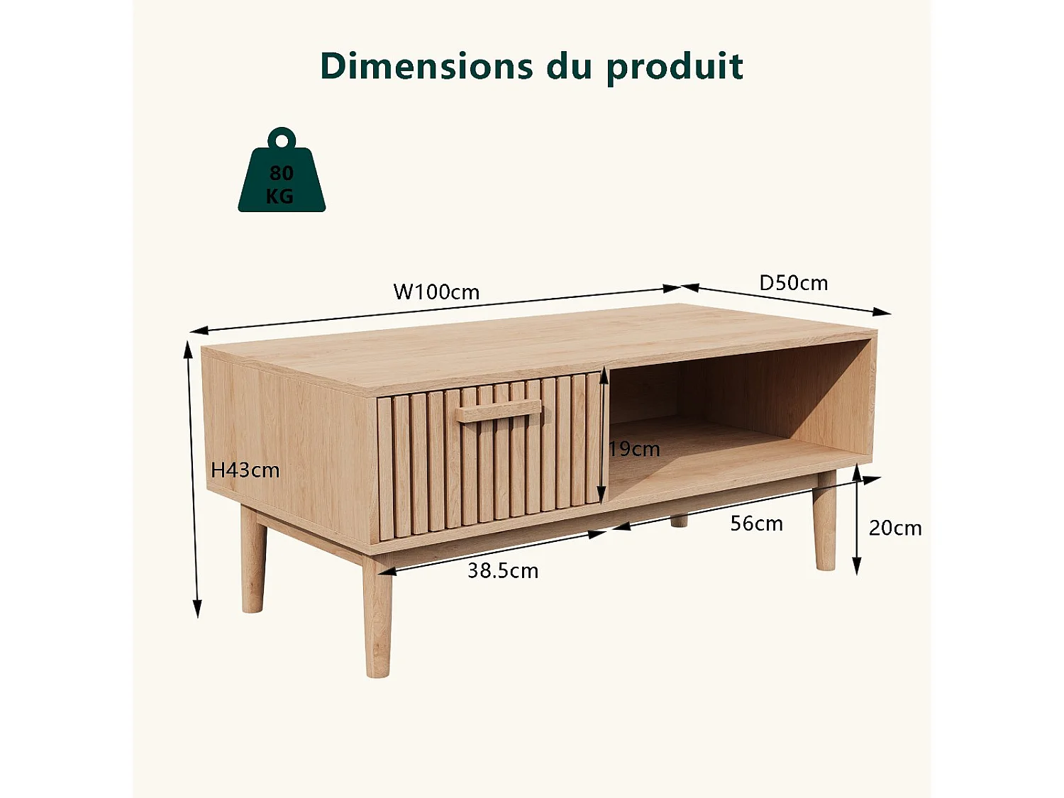 Meuble TV bois style scandinave avec tiroir façade rainurée et niche ouverte, meuble bas TV rangement salon, banc TV sur pieds, finition chêne naturel