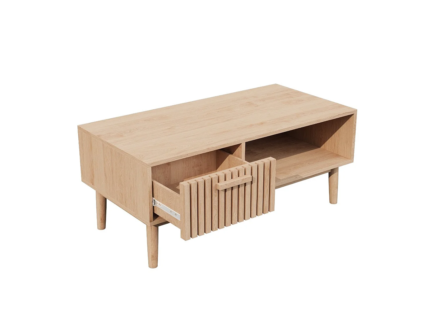 Meuble TV bois style scandinave avec tiroir façade rainurée et niche ouverte, meuble bas TV rangement salon, banc TV sur pieds, finition chêne naturel