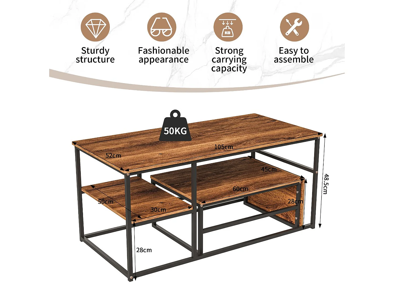 Table basse avec étagères de rangement, meuble salon style industriel bois et métal, table basse moderne noir
