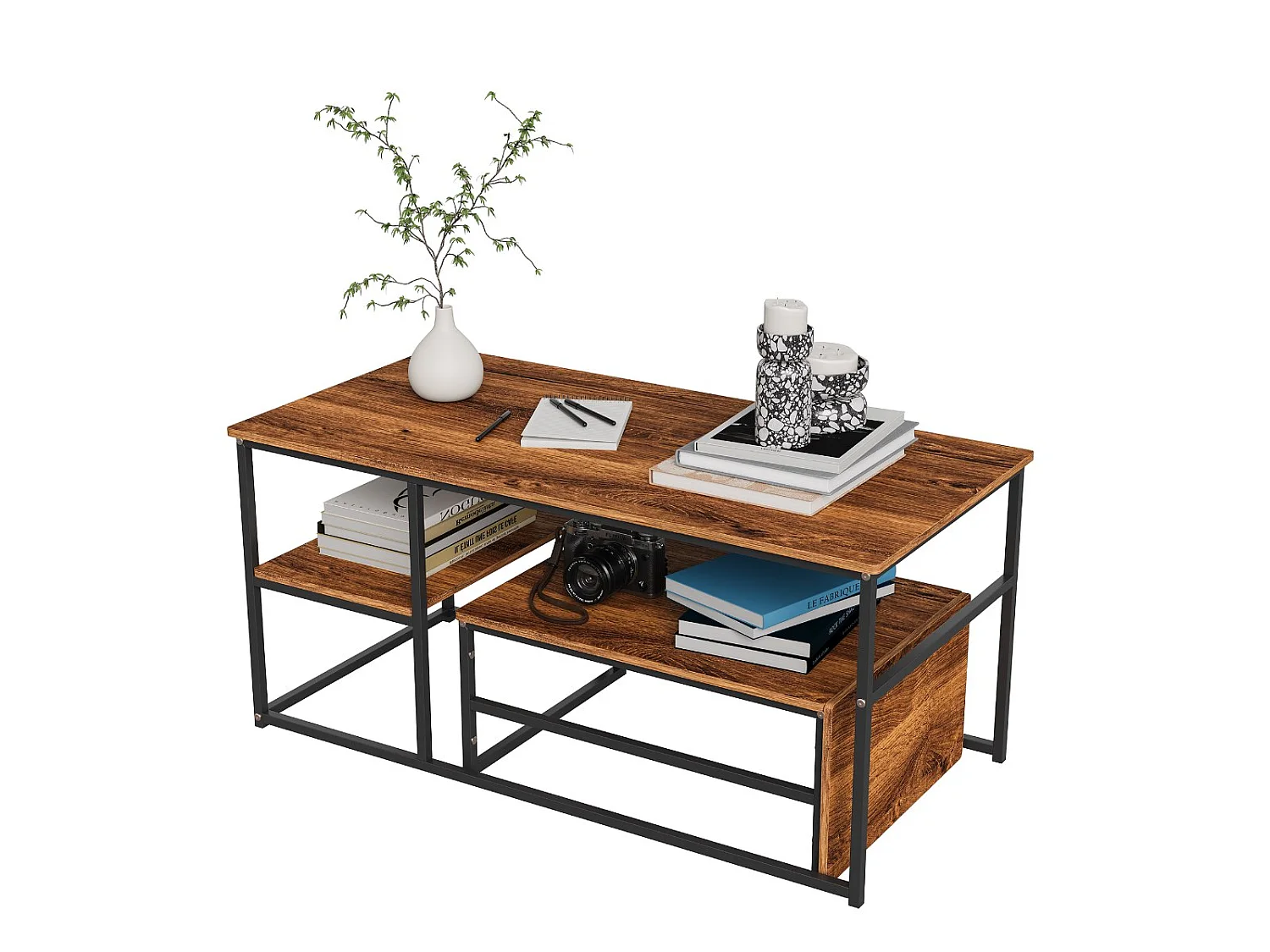 Table basse avec étagères de rangement, meuble salon style industriel bois et métal, table basse moderne noir
