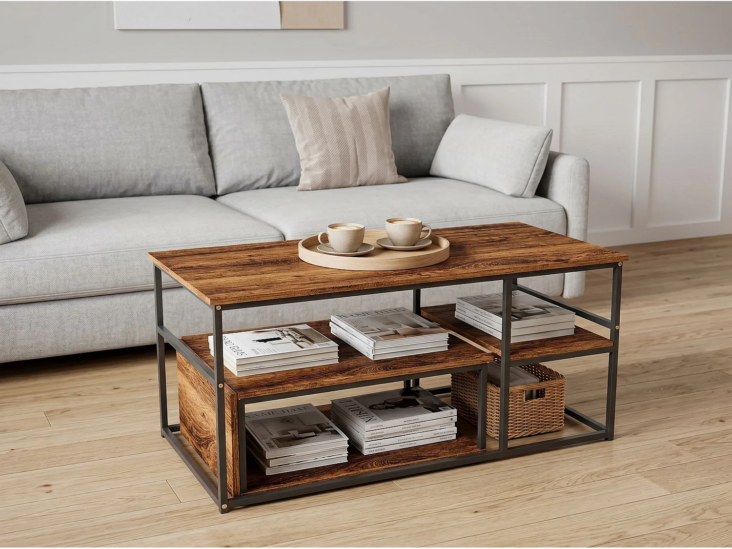 Table basse avec étagères de rangement, meuble salon style industriel bois et métal, table basse moderne noir