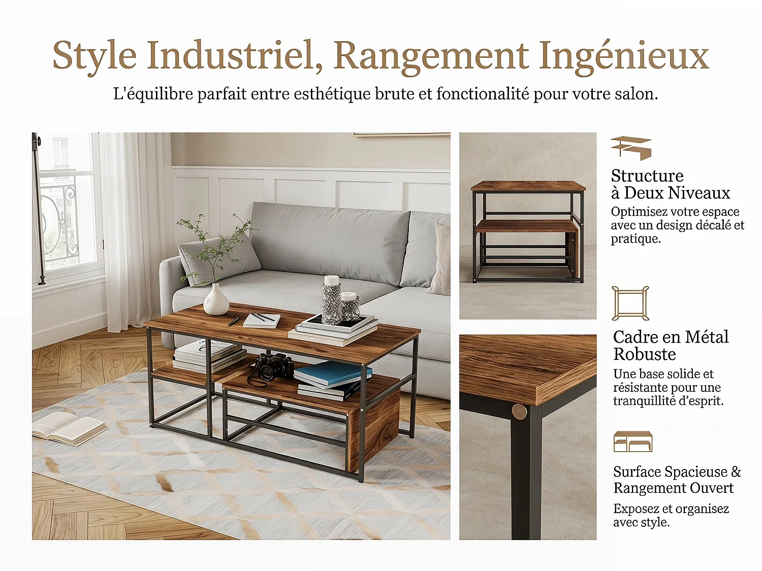 Table basse avec étagères de rangement, meuble salon style industriel bois et métal, table basse moderne noir