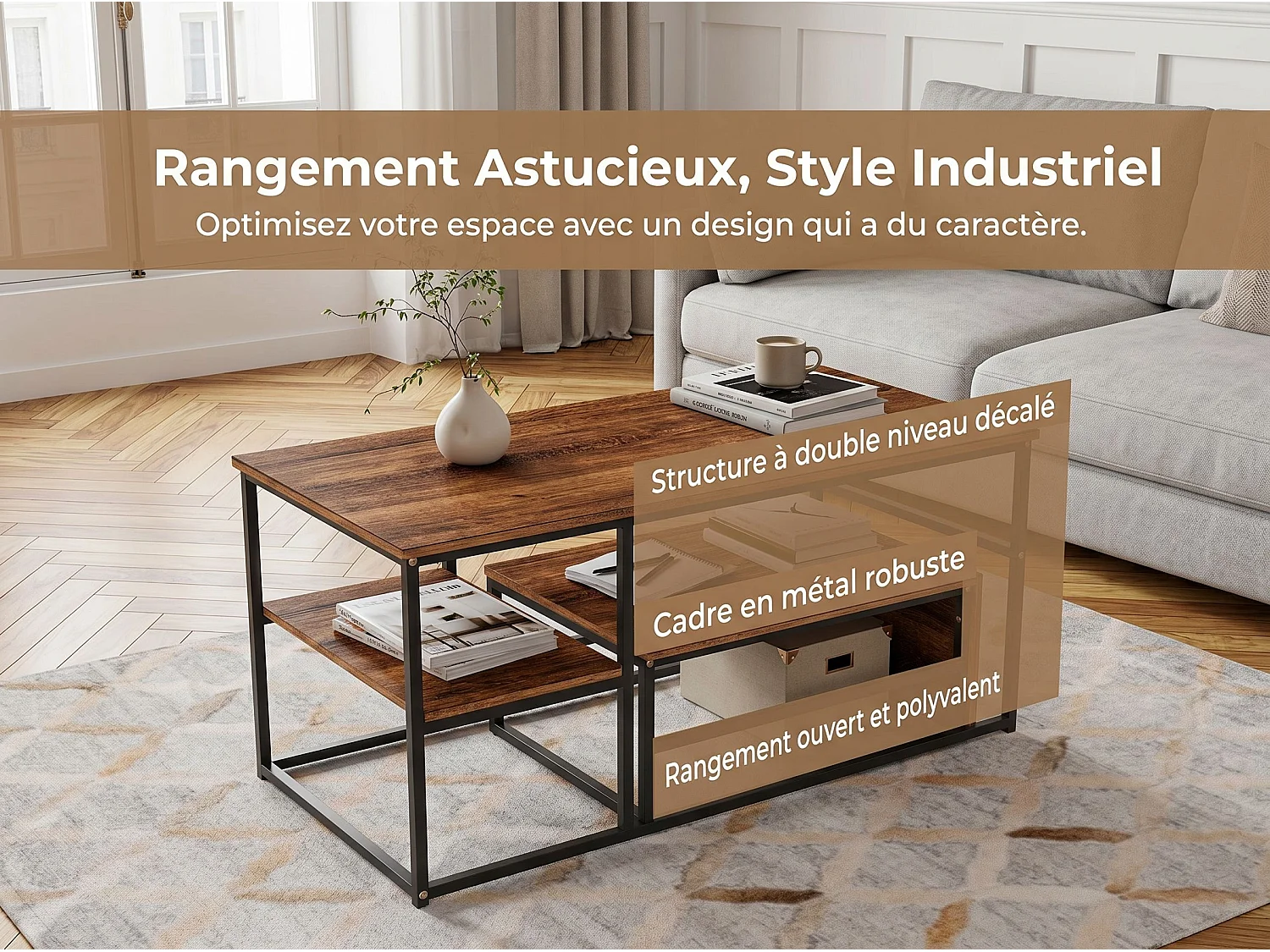Table basse avec étagères de rangement, meuble salon style industriel bois et métal, table basse moderne noir