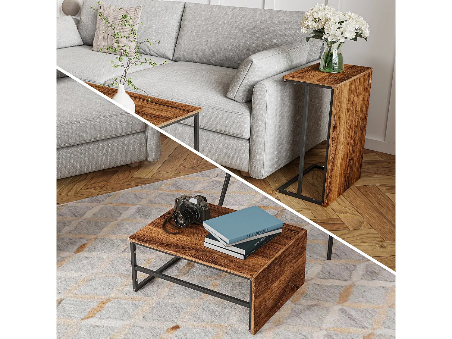 Table basse avec étagères de rangement, meuble salon style industriel bois et métal, table basse moderne noir