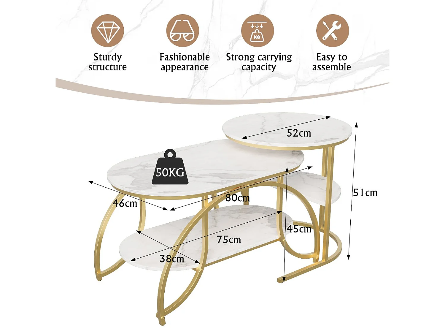 Lot de 2 tables basses gigognes avec rangement, table basse salon blanc, plateau effet marbre et structure métal moderne