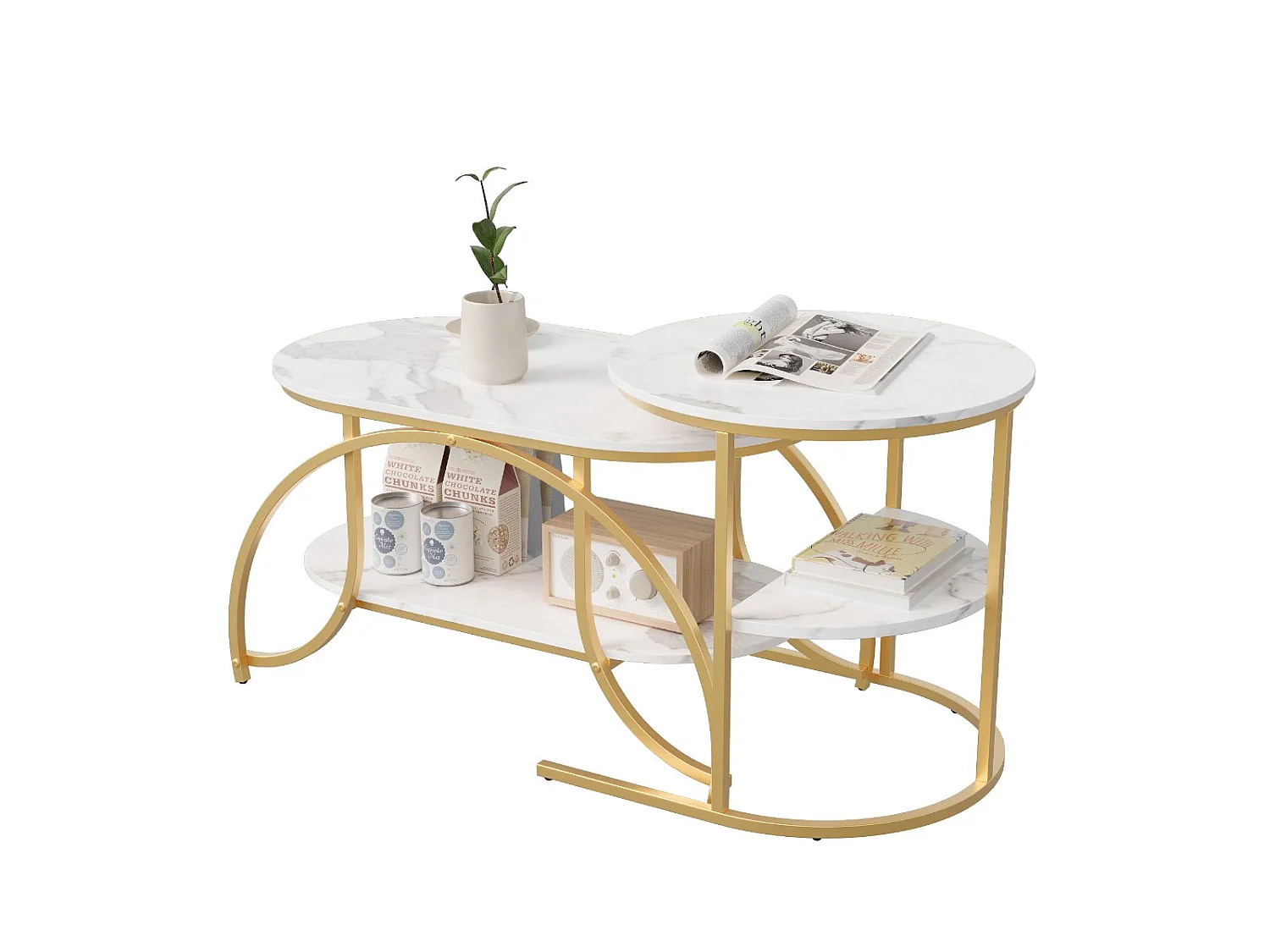 Lot de 2 tables basses gigognes avec rangement, table basse salon blanc, plateau effet marbre et structure métal moderne
