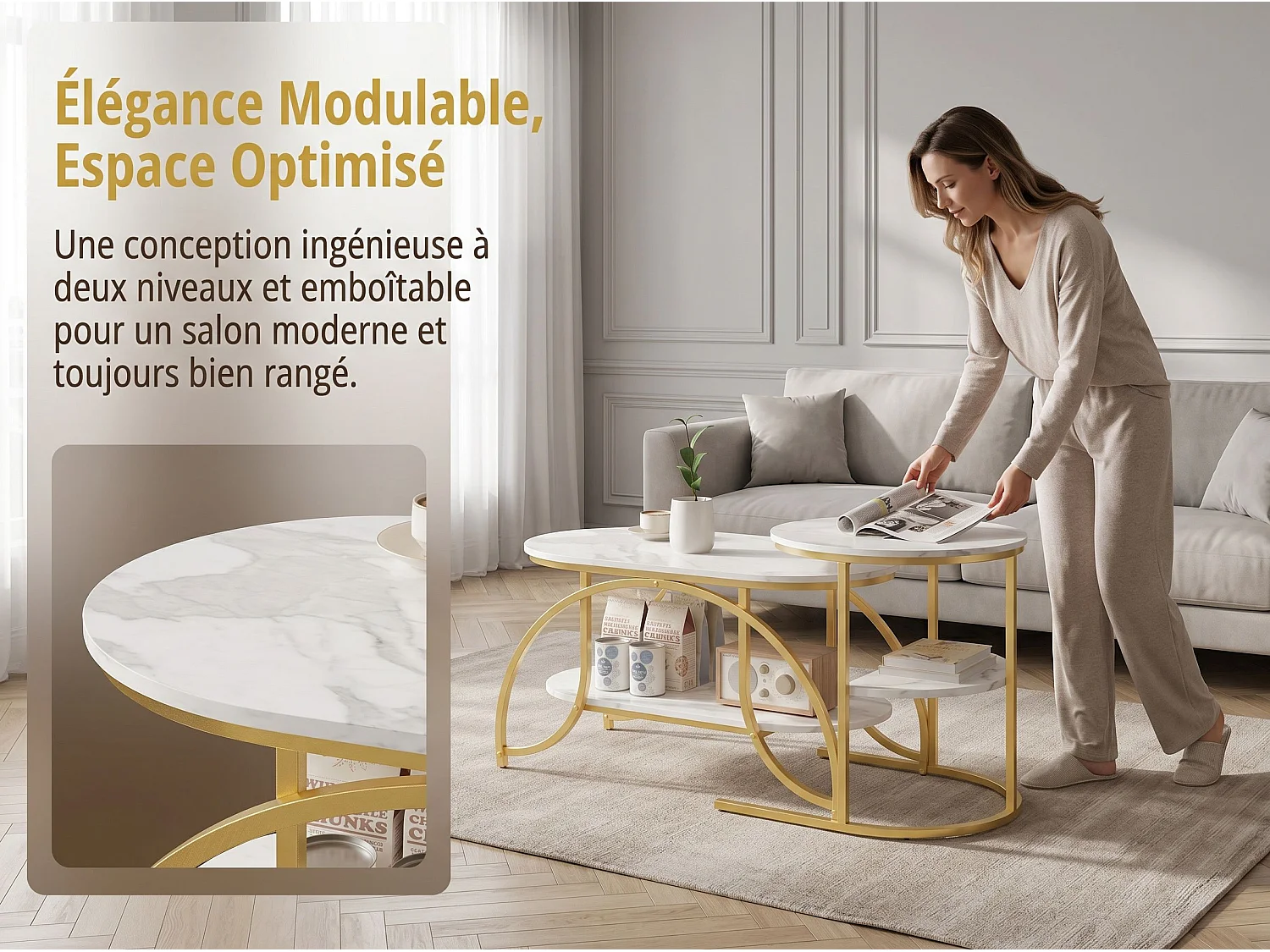 Lot de 2 tables basses gigognes avec rangement, table basse salon blanc, plateau effet marbre et structure métal moderne