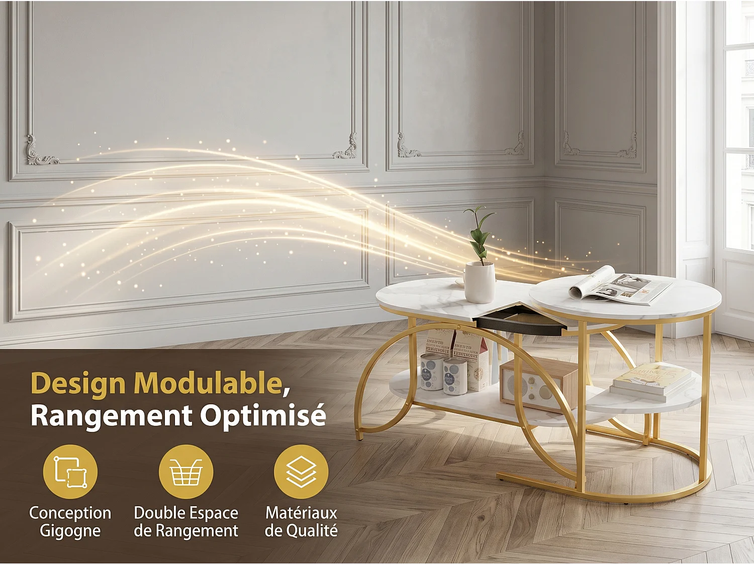 Lot de 2 tables basses gigognes avec rangement, table basse salon blanc, plateau effet marbre et structure métal moderne