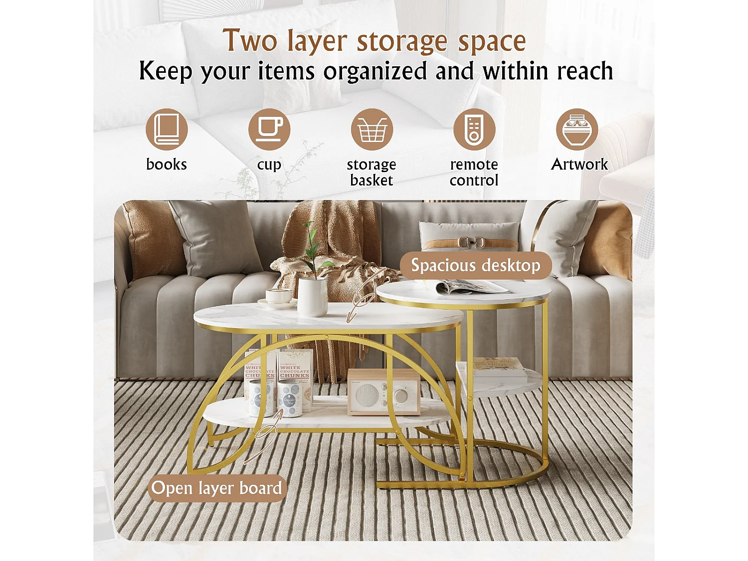 Lot de 2 tables basses gigognes avec rangement, table basse salon blanc, plateau effet marbre et structure métal moderne
