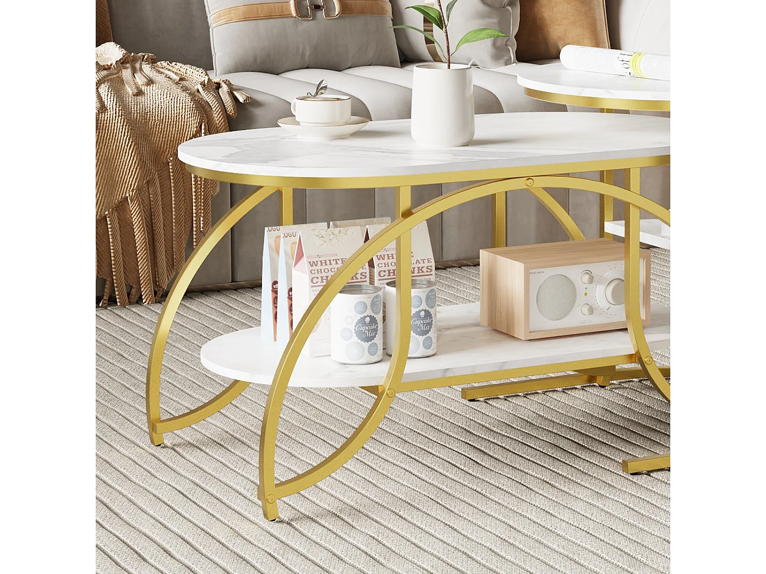 Lot de 2 tables basses gigognes avec rangement, table basse salon blanc, plateau effet marbre et structure métal moderne