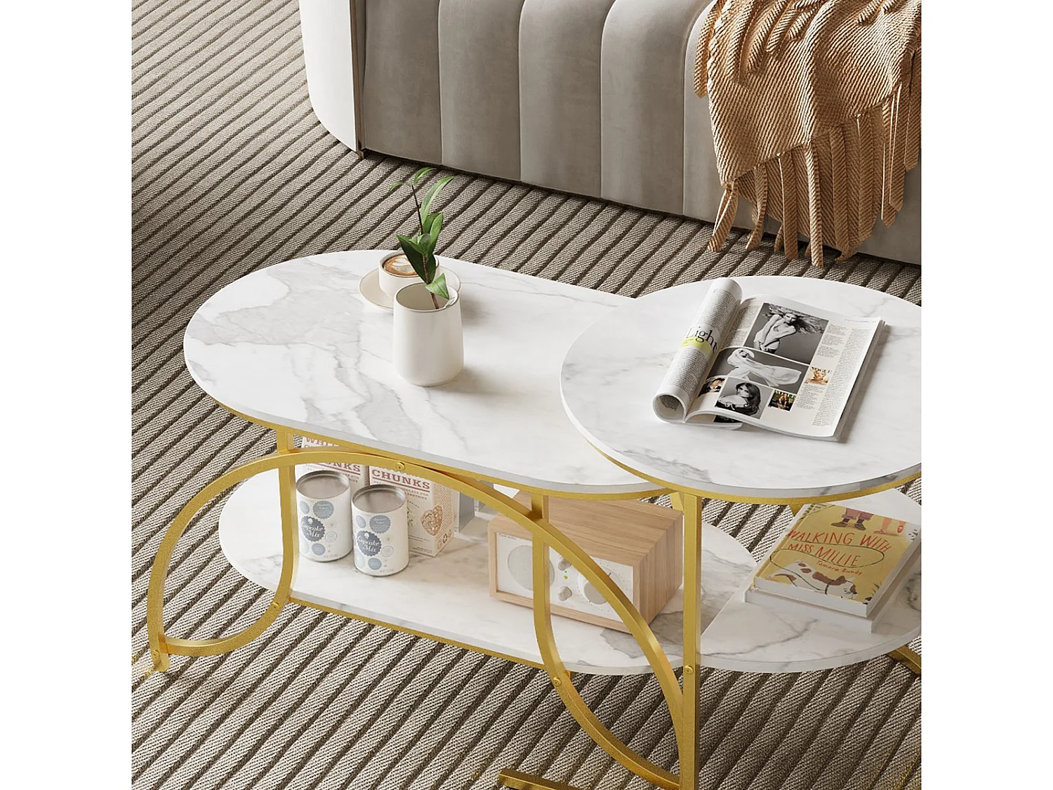 Lot de 2 tables basses gigognes avec rangement, table basse salon blanc, plateau effet marbre et structure métal moderne