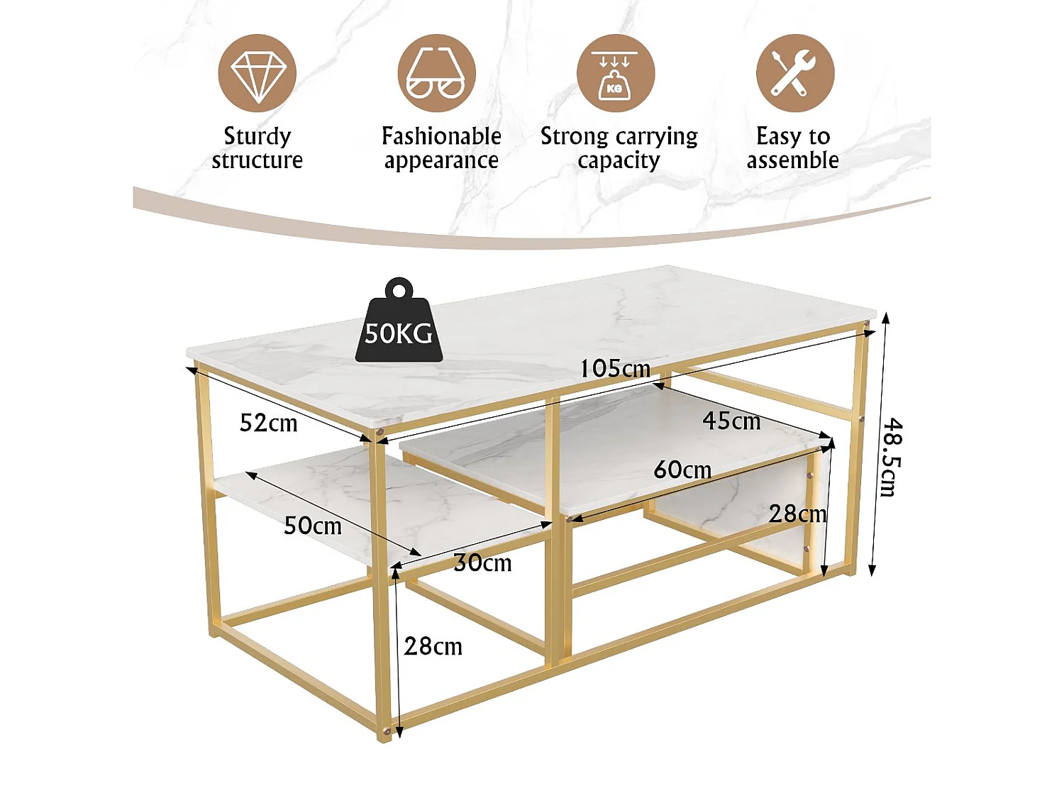 Table basse avec étagères de rangement, meuble salon style industriel bois et métal, table basse moderne doré