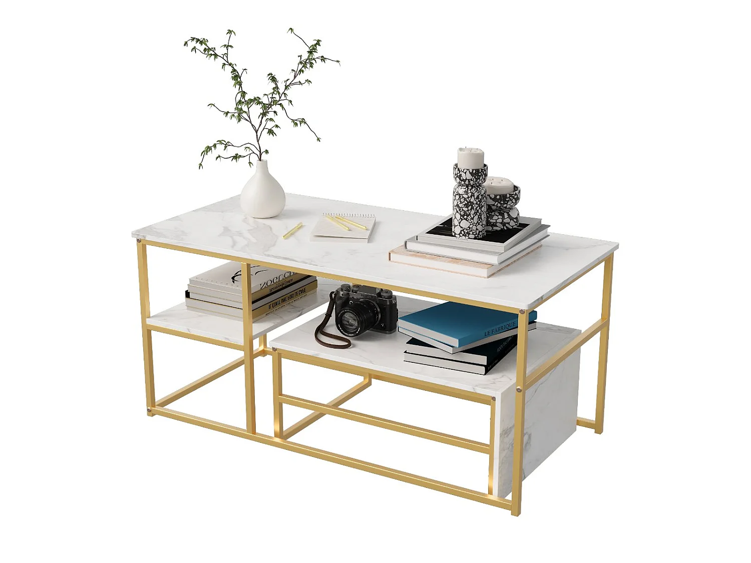 Table basse avec étagères de rangement, meuble salon style industriel bois et métal, table basse moderne doré