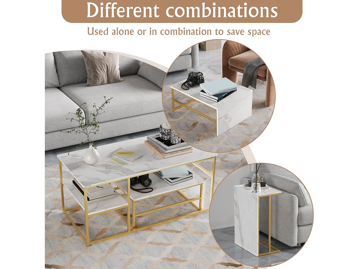 Table basse avec étagères de rangement, meuble salon style industriel bois et métal, table basse moderne doré