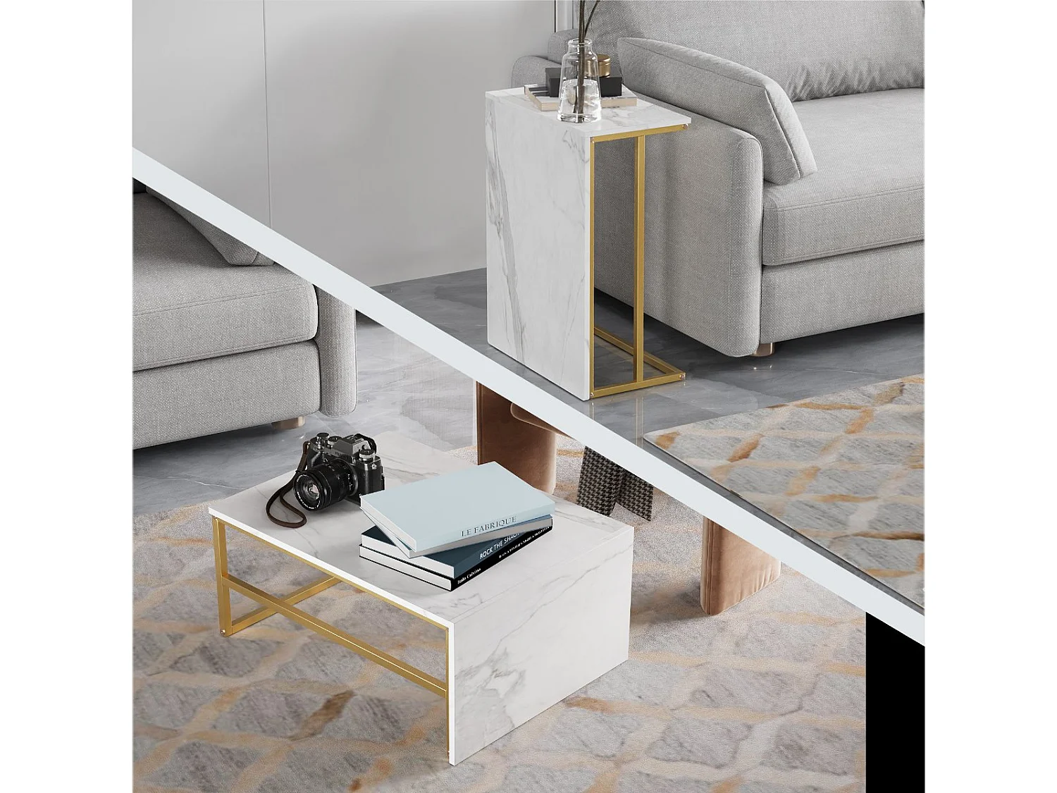 Table basse avec étagères de rangement, meuble salon style industriel bois et métal, table basse moderne doré