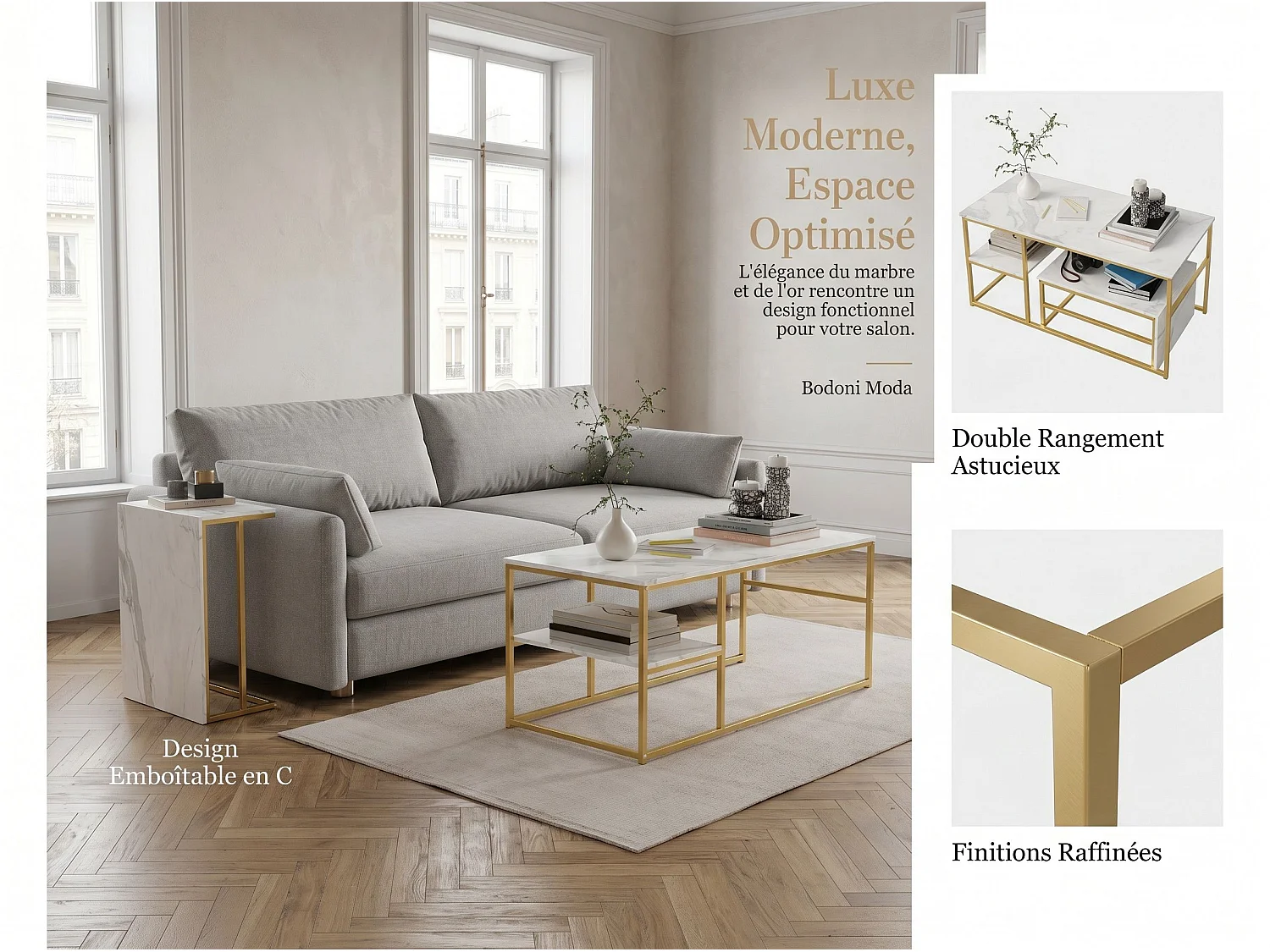 Table basse avec étagères de rangement, meuble salon style industriel bois et métal, table basse moderne doré