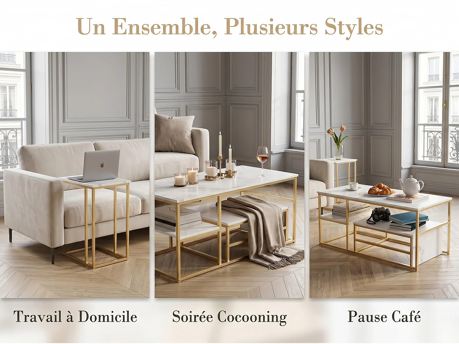 Table basse avec étagères de rangement, meuble salon style industriel bois et métal, table basse moderne doré