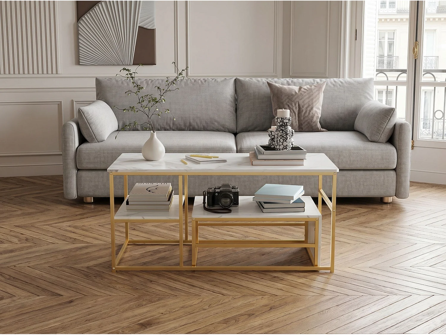 Table basse avec étagères de rangement, meuble salon style industriel bois et métal, table basse moderne doré