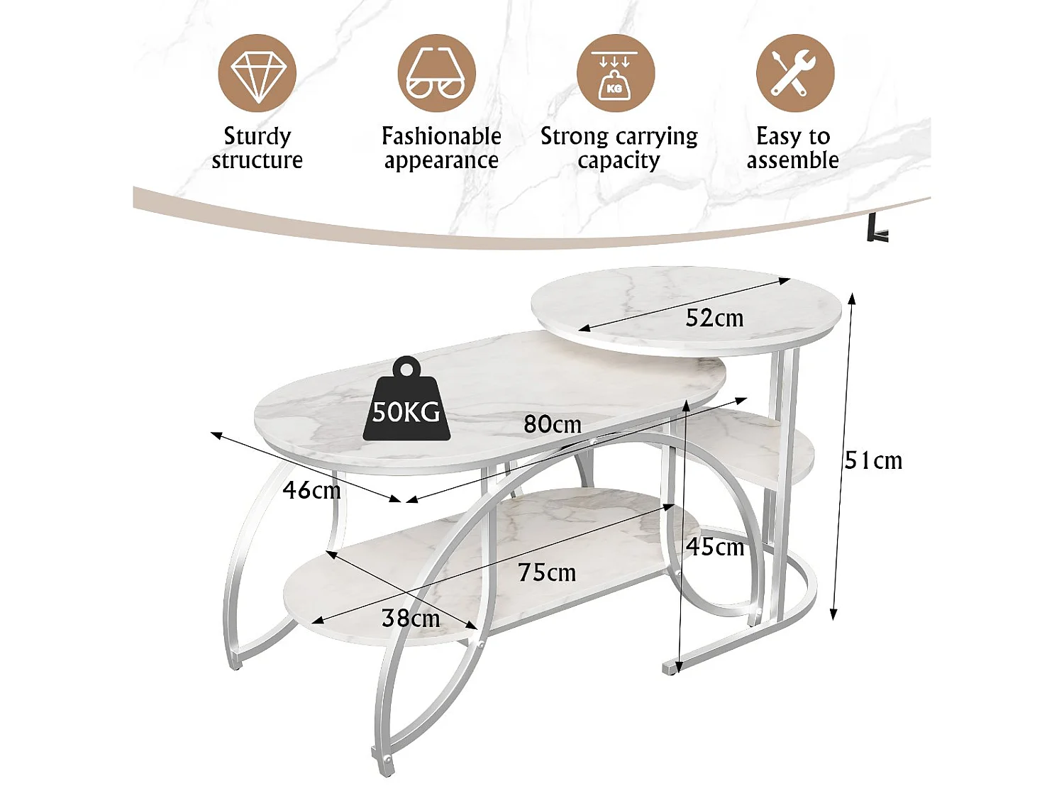 Lot de 2 tables basses gigognes avec rangement, table basse salon doré, plateau effet marbre et structure métal moderne