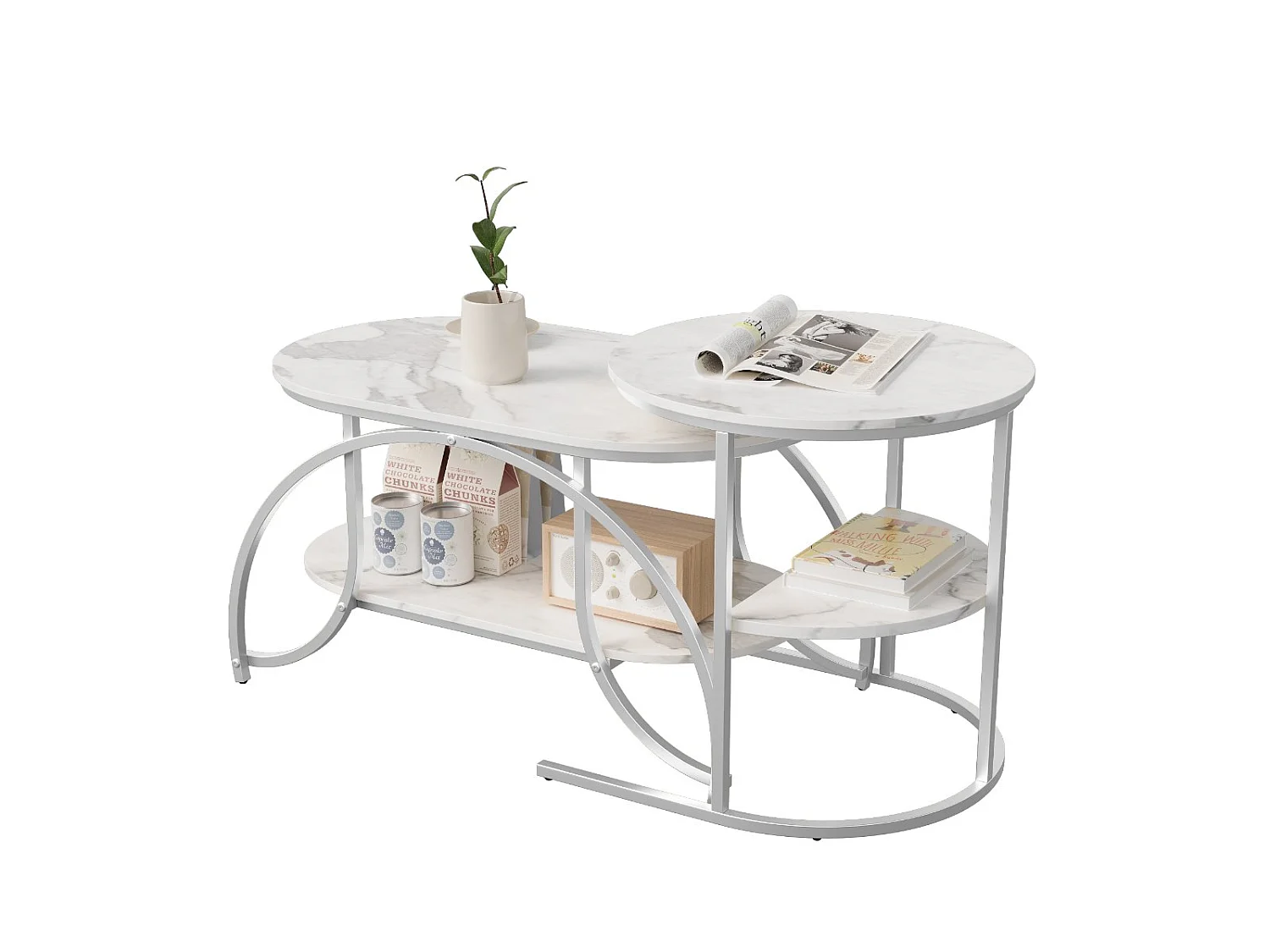 Lot de 2 tables basses gigognes avec rangement, table basse salon doré, plateau effet marbre et structure métal moderne