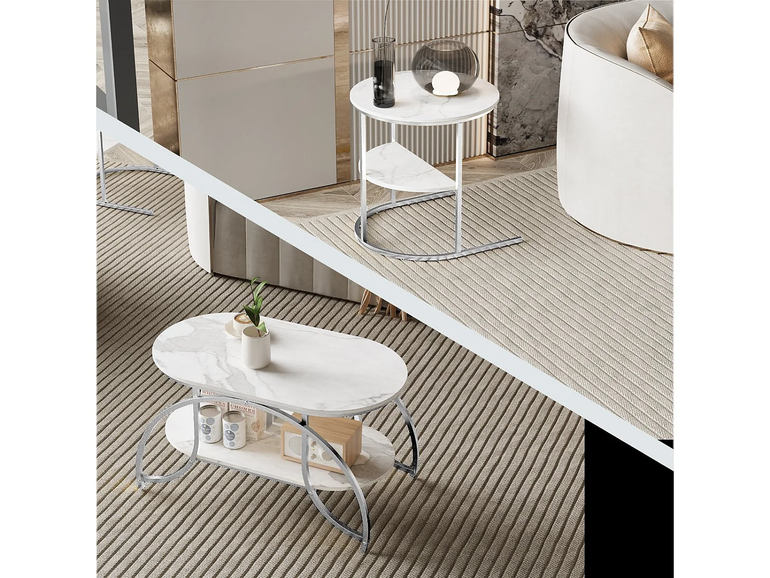 Lot de 2 tables basses gigognes avec rangement, table basse salon doré, plateau effet marbre et structure métal moderne
