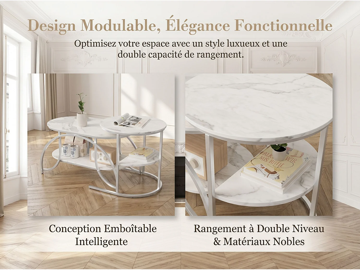 Lot de 2 tables basses gigognes avec rangement, table basse salon doré, plateau effet marbre et structure métal moderne