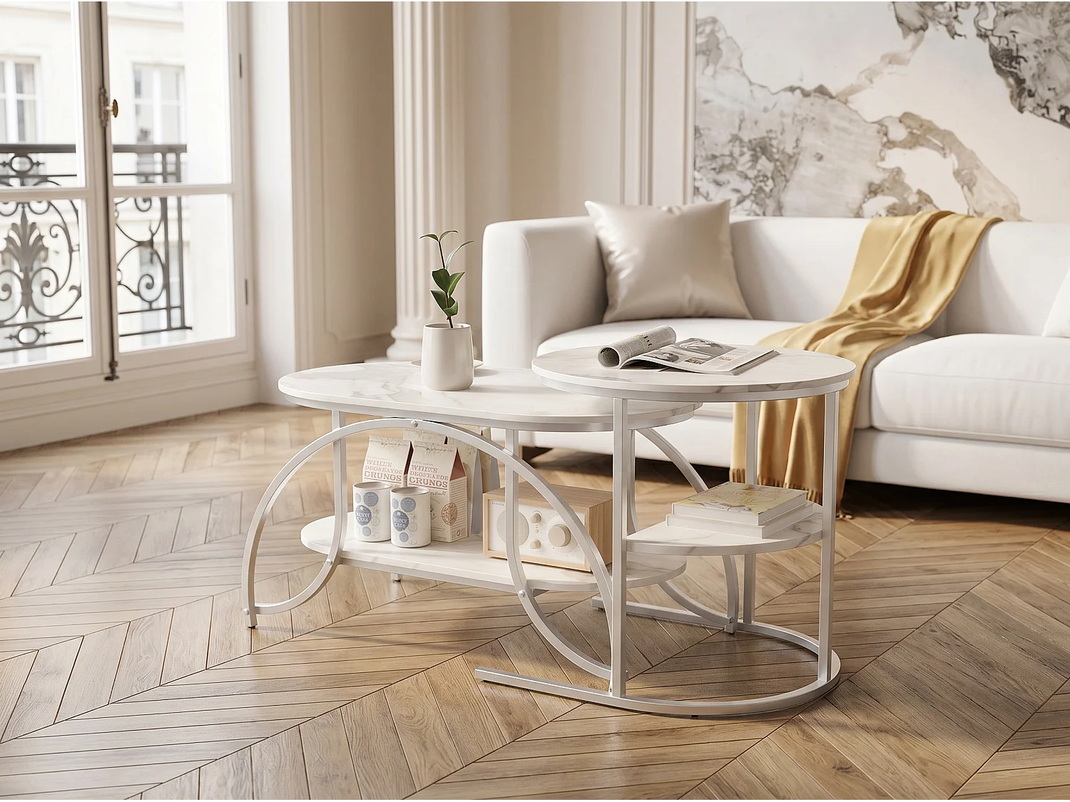 Lot de 2 tables basses gigognes avec rangement, table basse salon doré, plateau effet marbre et structure métal moderne