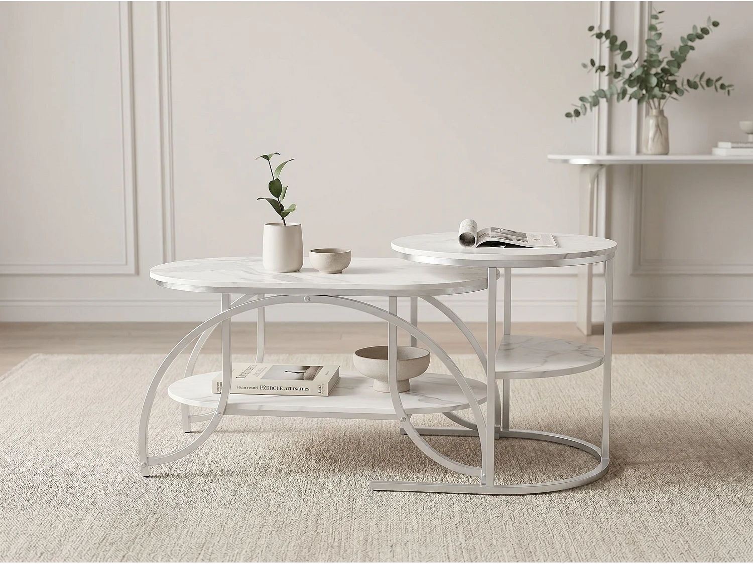 Lot de 2 tables basses gigognes avec rangement, table basse salon doré, plateau effet marbre et structure métal moderne