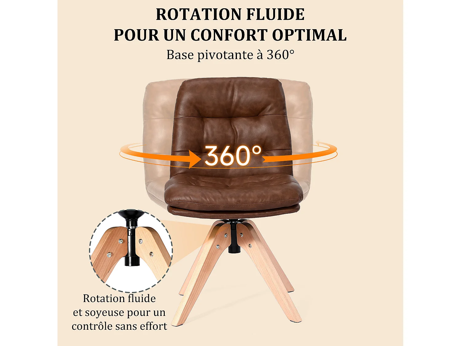 Moderne draaibare eetkamerstoel – Gestoffeerde stoel van PU-kunstleer met houten poten, 360° draaibare fauteuil, comfortabele stoel voor keuken en woonkamer