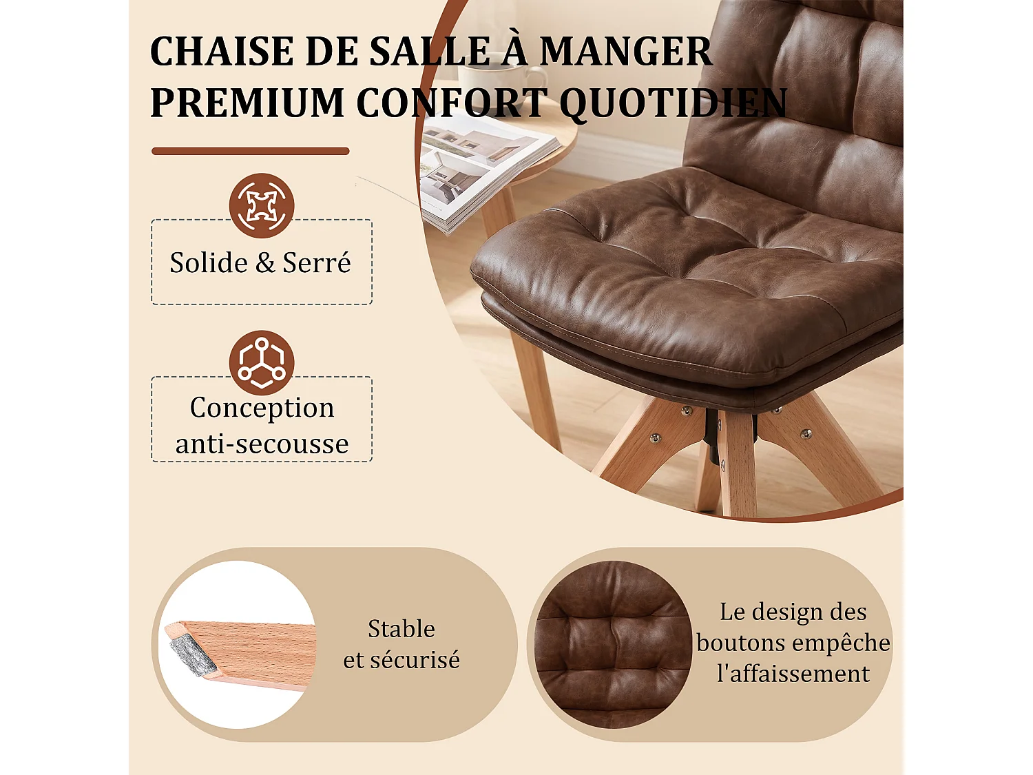Moderne draaibare eetkamerstoel – Gestoffeerde stoel van PU-kunstleer met houten poten, 360° draaibare fauteuil, comfortabele stoel voor keuken en woonkamer