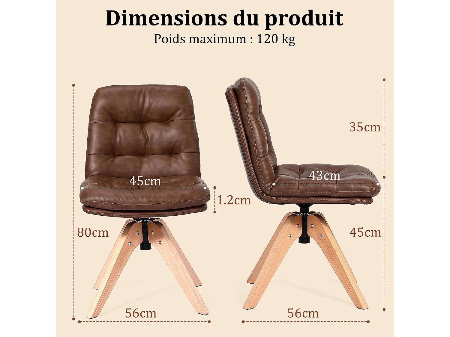 Moderne draaibare eetkamerstoel – Gestoffeerde stoel van PU-kunstleer met houten poten, 360° draaibare fauteuil, comfortabele stoel voor keuken en woonkamer
