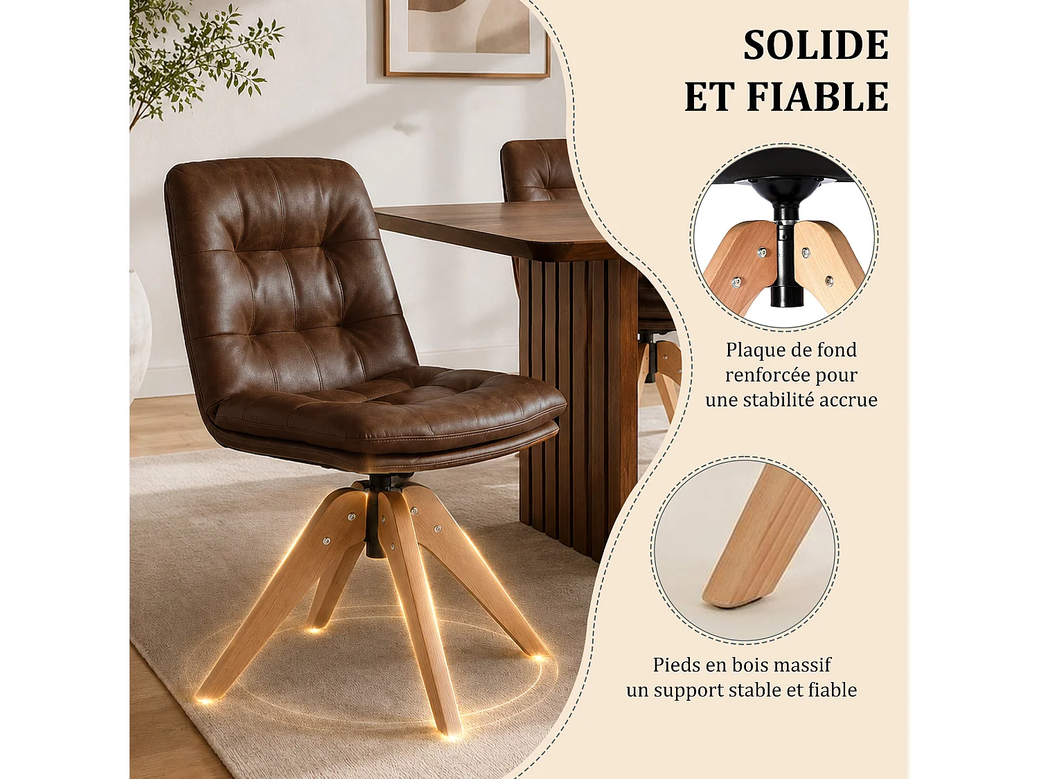 Moderne draaibare eetkamerstoel – Gestoffeerde stoel van PU-kunstleer met houten poten, 360° draaibare fauteuil, comfortabele stoel voor keuken en woonkamer