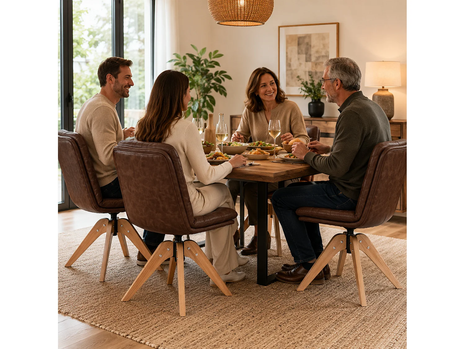 Moderne draaibare eetkamerstoel – Gestoffeerde stoel van PU-kunstleer met houten poten, 360° draaibare fauteuil, comfortabele stoel voor keuken en woonkamer