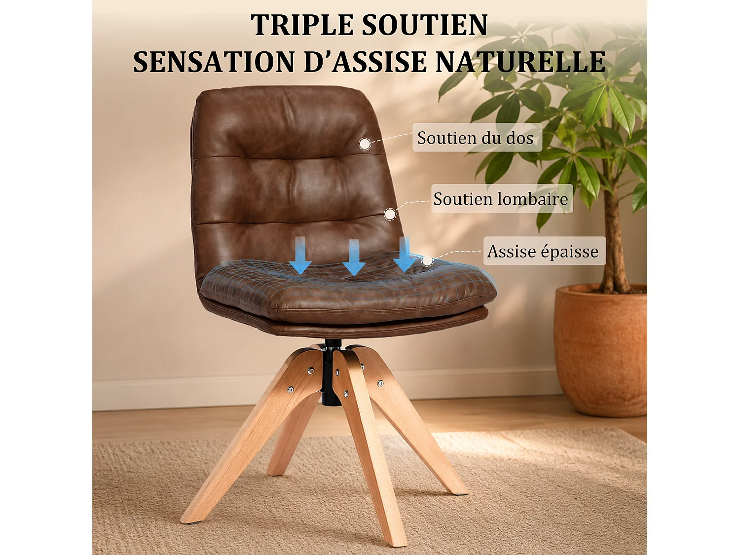 Moderne draaibare eetkamerstoel – Gestoffeerde stoel van PU-kunstleer met houten poten, 360° draaibare fauteuil, comfortabele stoel voor keuken en woonkamer