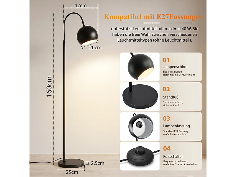 NETTLIFE Lampada da terra ad arco E27 nera, max 40W, 160 cm, lampadina non inclusa