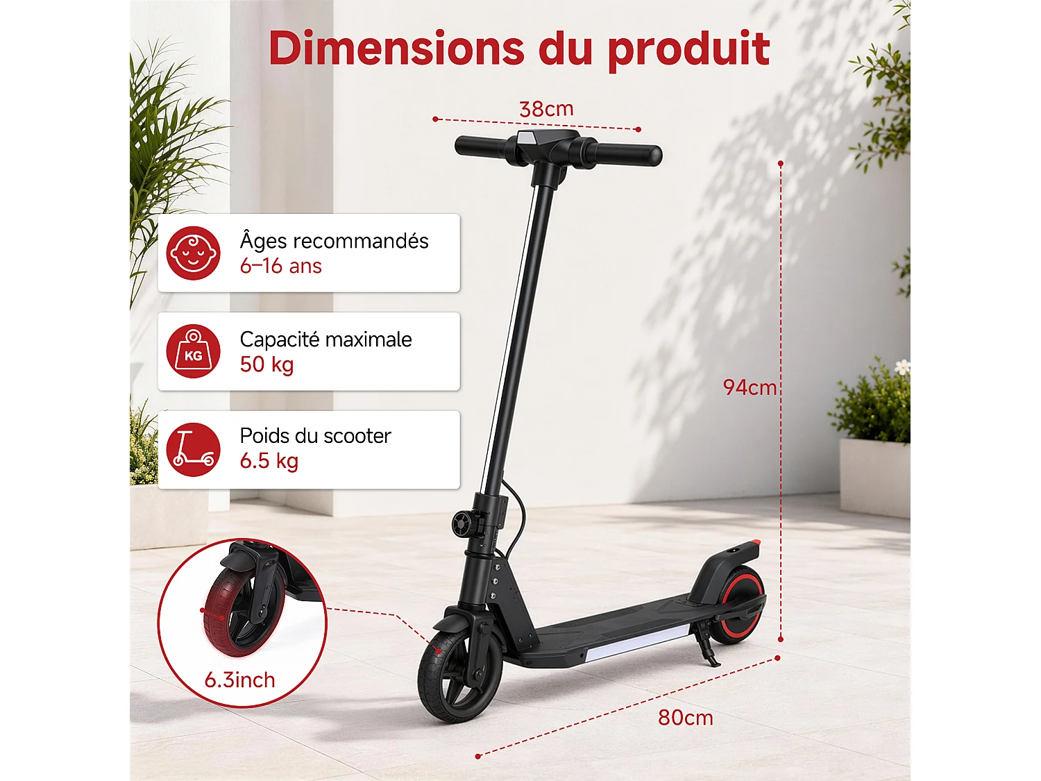 Oryxearth Trottinette électrique pour enfants, moteur de 150 W avec lumières LED et freins