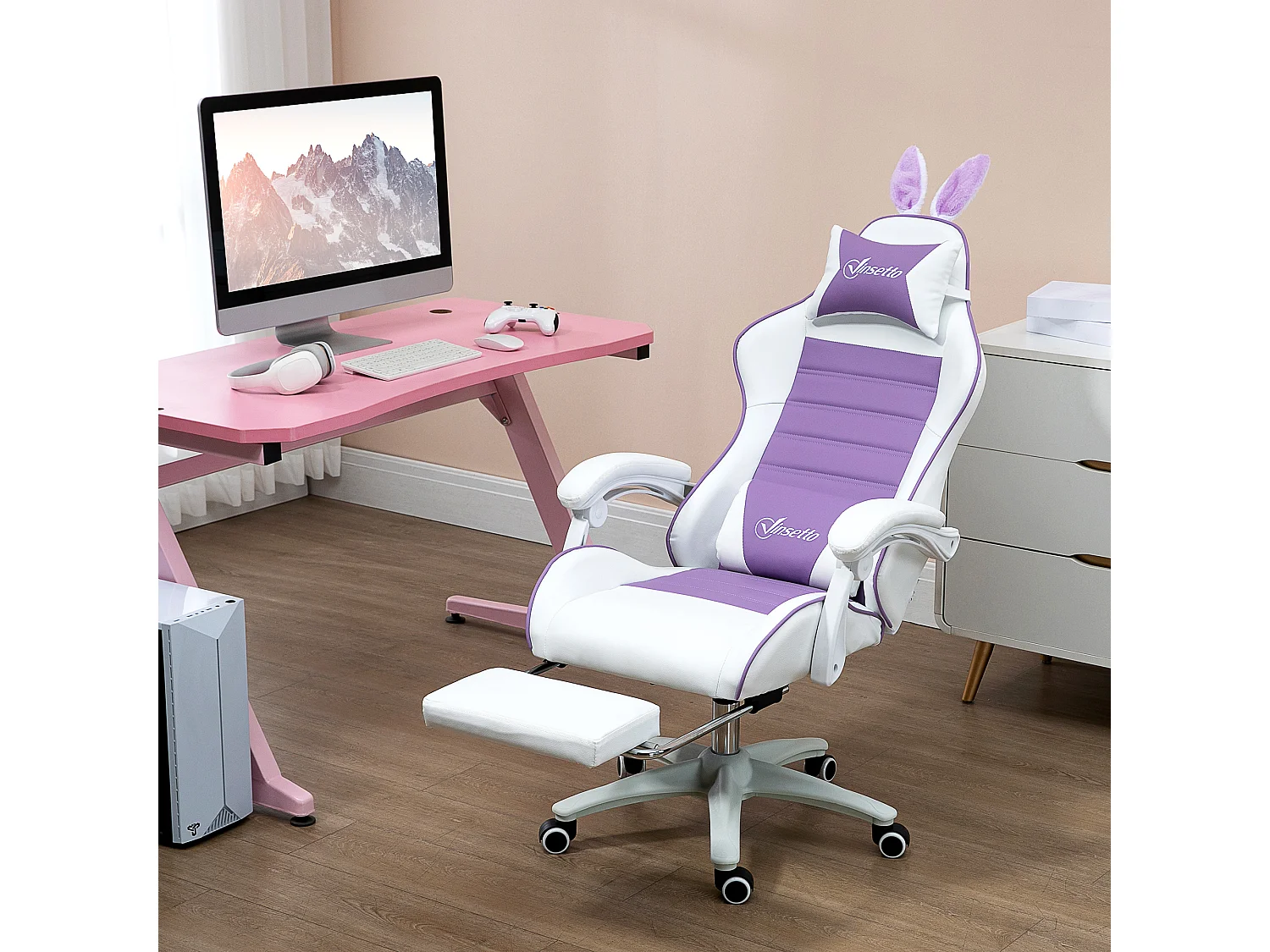 Vinsetto Racing Style Gaming Chair with Footrest Removable Rabbit Ears, Purple