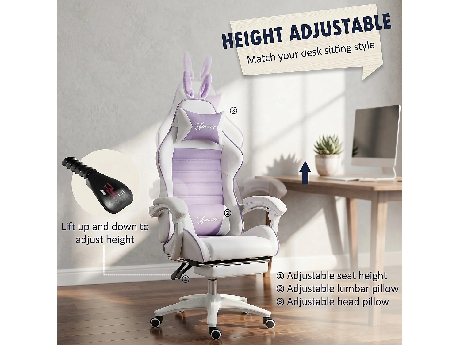 Vinsetto Racing Style Gaming Chair with Footrest Removable Rabbit Ears, Purple