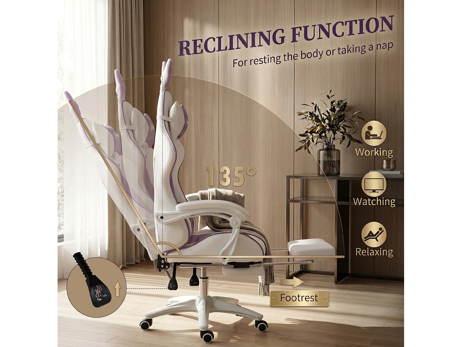 Vinsetto Racing Style Gaming Chair with Footrest Removable Rabbit Ears, Purple