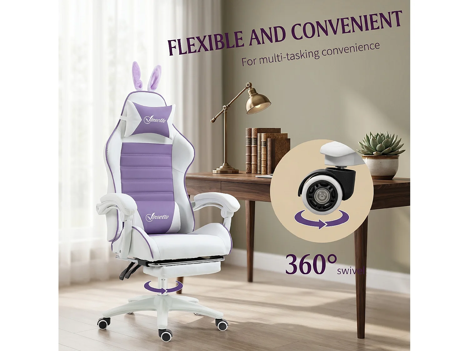 Vinsetto Racing Style Gaming Chair with Footrest Removable Rabbit Ears, Purple