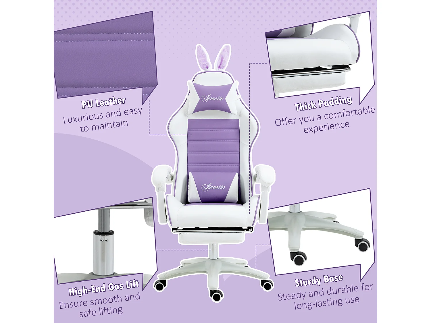 Vinsetto Racing Style Gaming Chair with Footrest Removable Rabbit Ears, Purple