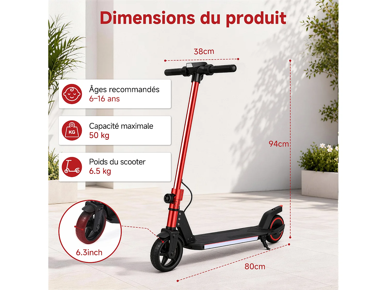 Oryxearth Trottinette électrique pour enfants, moteur de 150 W avec lumières LED et freins