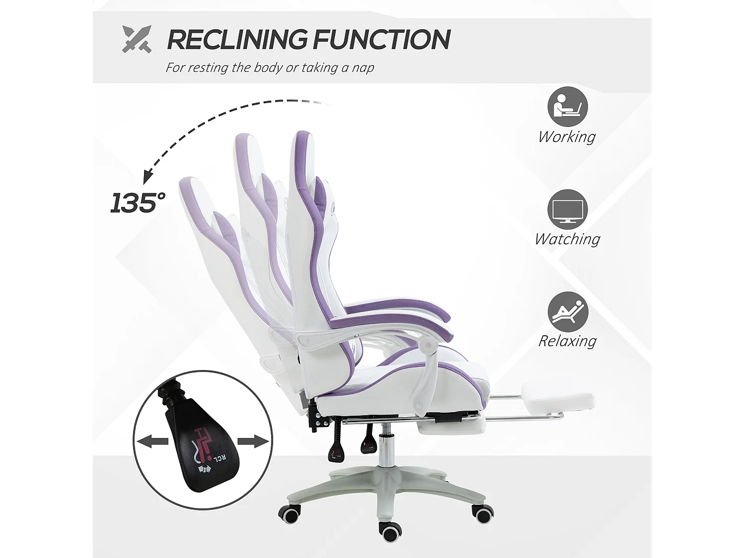 Vinsetto Racing Style Gaming Chair with Reclining Function, White and Purple