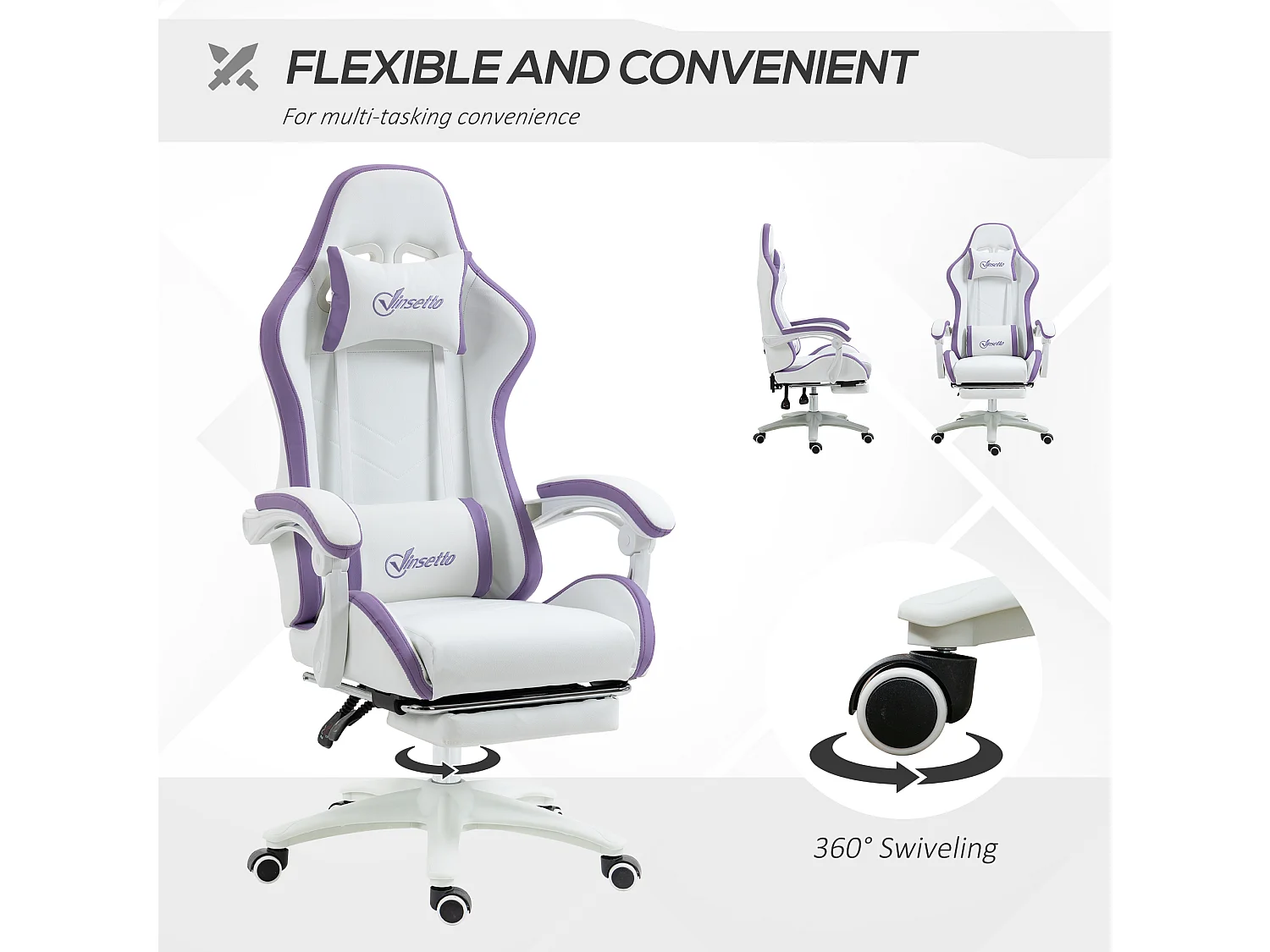 Vinsetto Racing Style Gaming Chair with Reclining Function, White and Purple