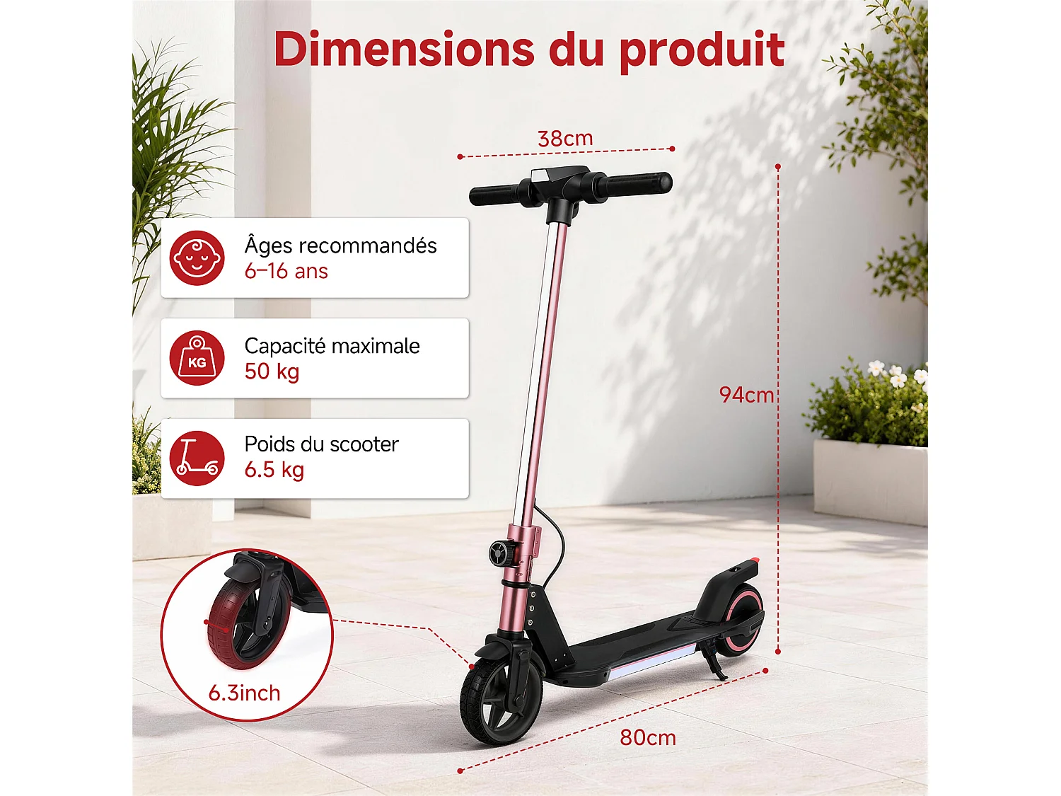 Oryxearth Trottinette électrique pour enfants, moteur de 150 W avec lumières LED et freins