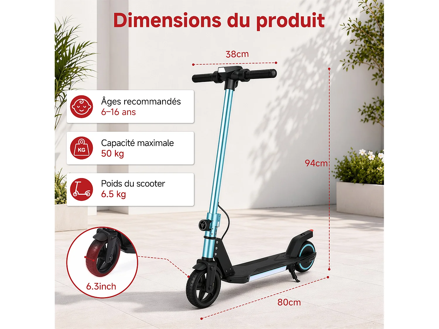 Oryxearth Trottinette électrique pour enfants, moteur de 150 W avec lumières LED et freins