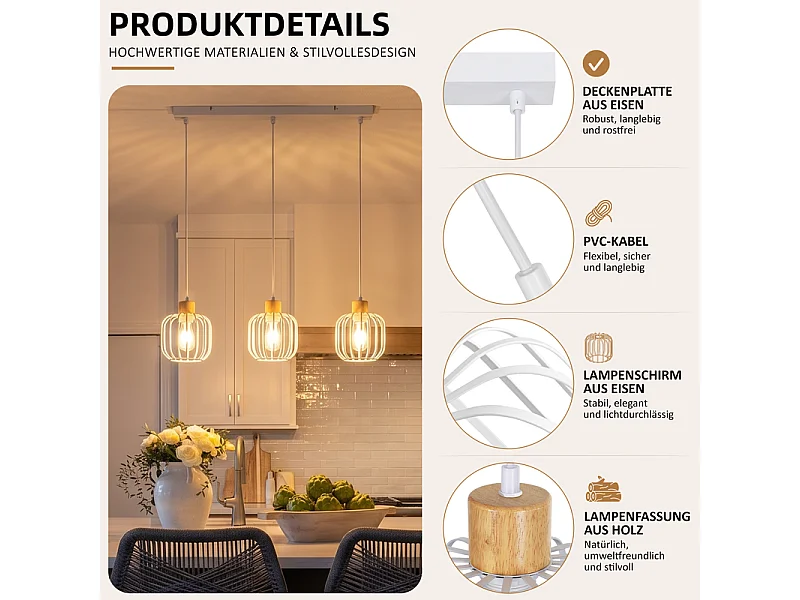 NETTLIFE Suspension bois 3 lumières E27 blanc moderne pour salle à manger, salon, cuisine