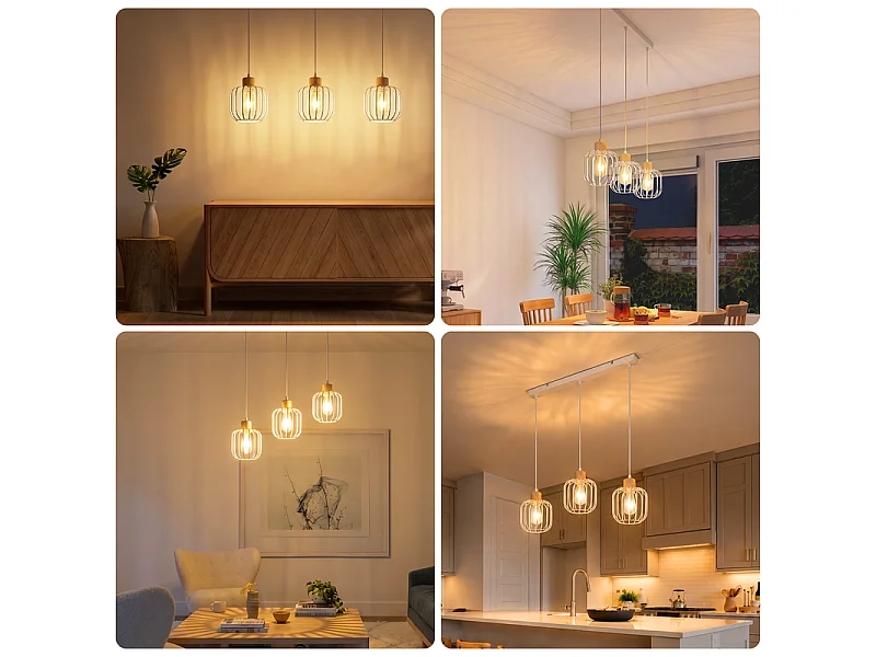 NETTLIFE Suspension bois 3 lumières E27 blanc moderne pour salle à manger, salon, cuisine