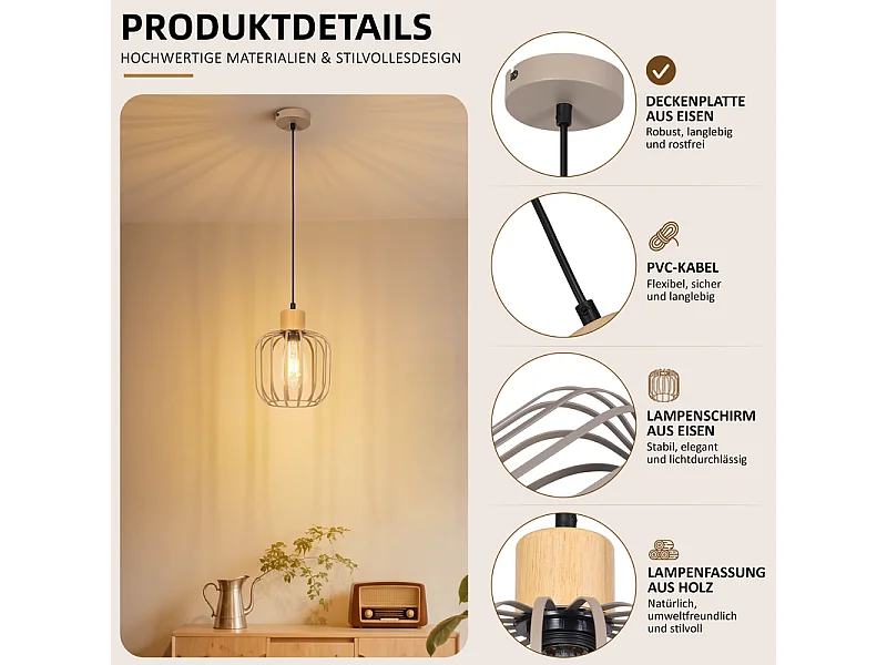 NETTLIFE Hanglamp 1 licht hout modern E27 grijs voor woonkamer, eetkamer, keuken